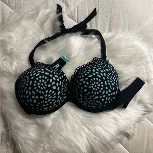 36 D padded, underwire, Elegant Black and Blue Lace SWIM TOP